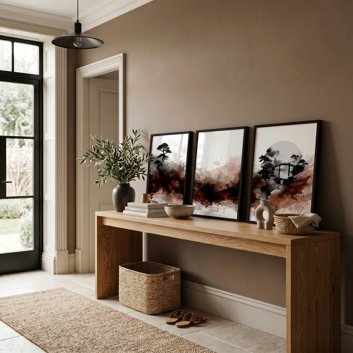 Japanese Wall Art UK | Bonsai, Bridge & Moon Ink Wash Japandi wall art displayed on a wall in a styled room — view 2