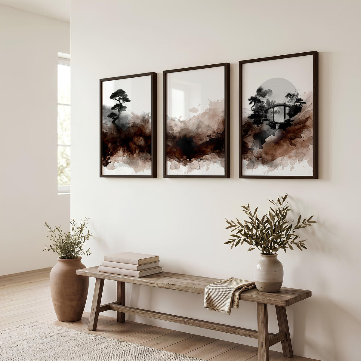 Japanese Wall Art UK | Bonsai, Bridge & Moon Ink Wash Japandi wall art displayed on a wall in a styled room — view 3