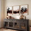 Japanese Wall Art UK | Bonsai, Bridge & Moon Ink Wash Japandi wall art displayed on a wall in a styled room — view 7