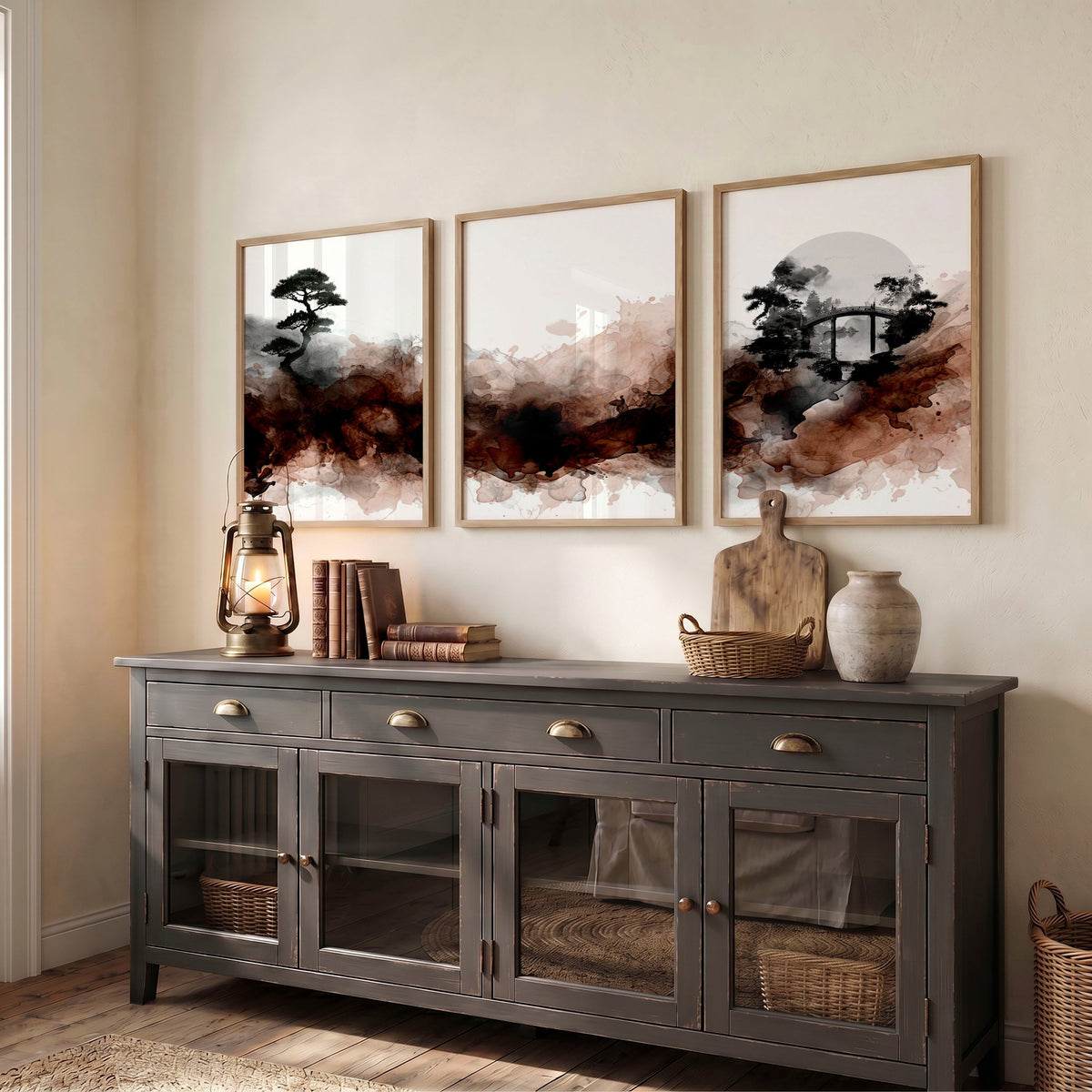 Japanese Wall Art UK | Bonsai, Bridge & Moon Ink Wash Japandi wall art displayed on a wall in a styled room — view 7