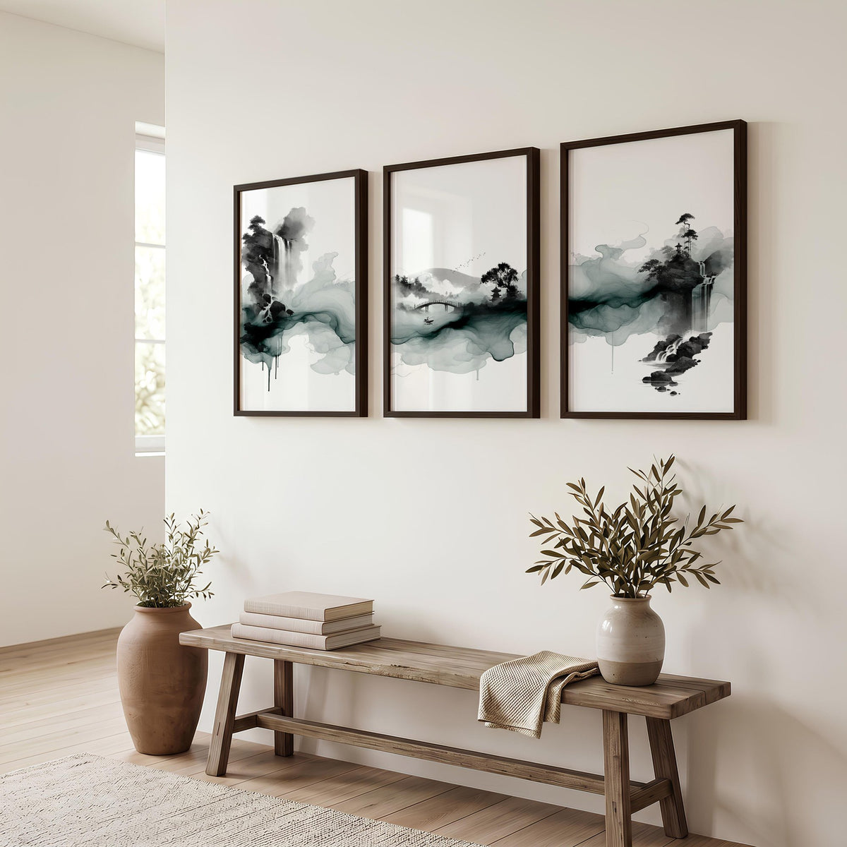 Japanese Wall Hangings Ink Wash Landscape with Waterfall, Bridge & Pagoda displayed on a wall in a styled room — view 3