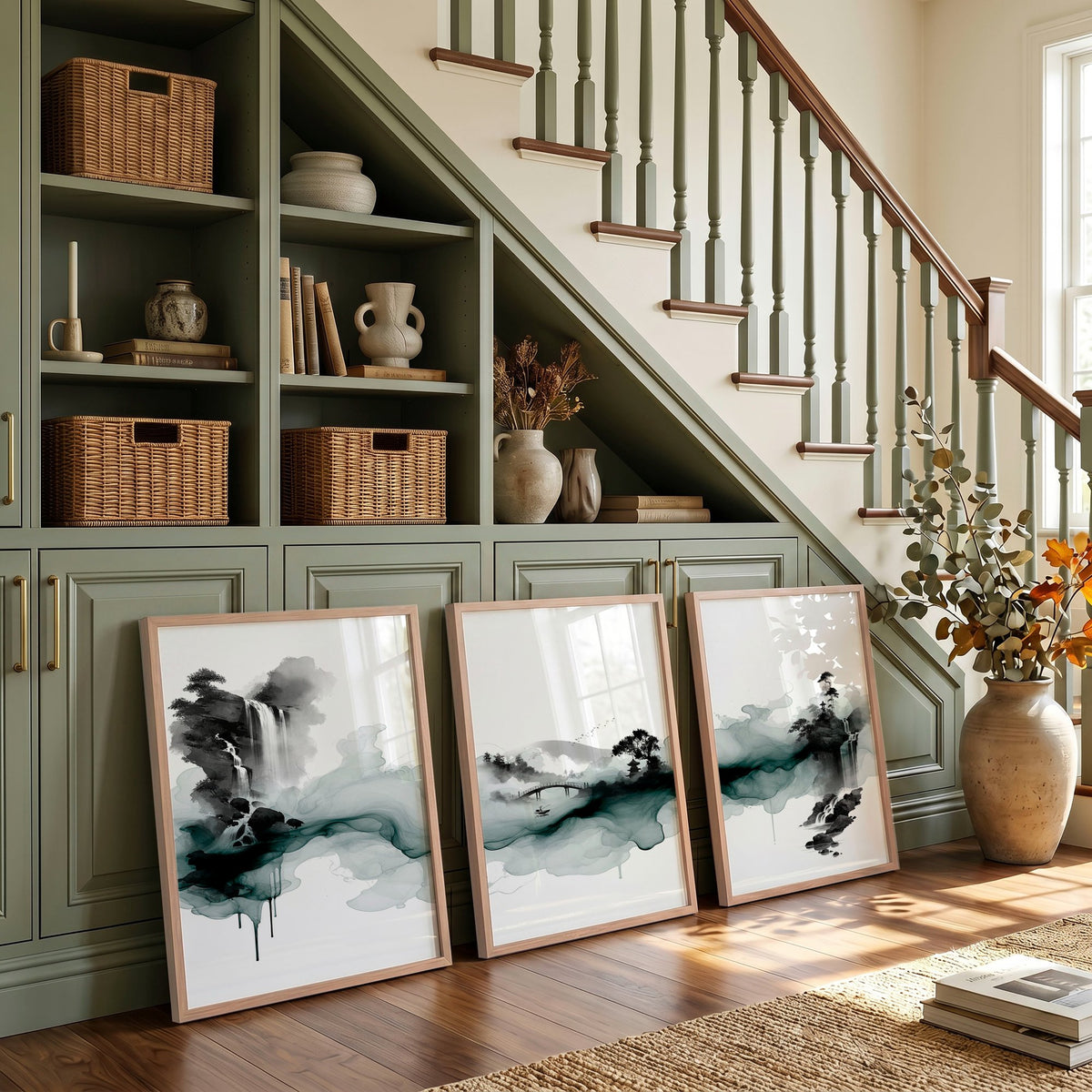 Japanese Wall Hangings Ink Wash Landscape with Waterfall, Bridge & Pagoda displayed on a wall in a styled room — view 4