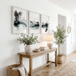 Japanese Wall Hangings Ink Wash Landscape with Waterfall, Bridge & Pagoda displayed on a wall in a styled room — view 6