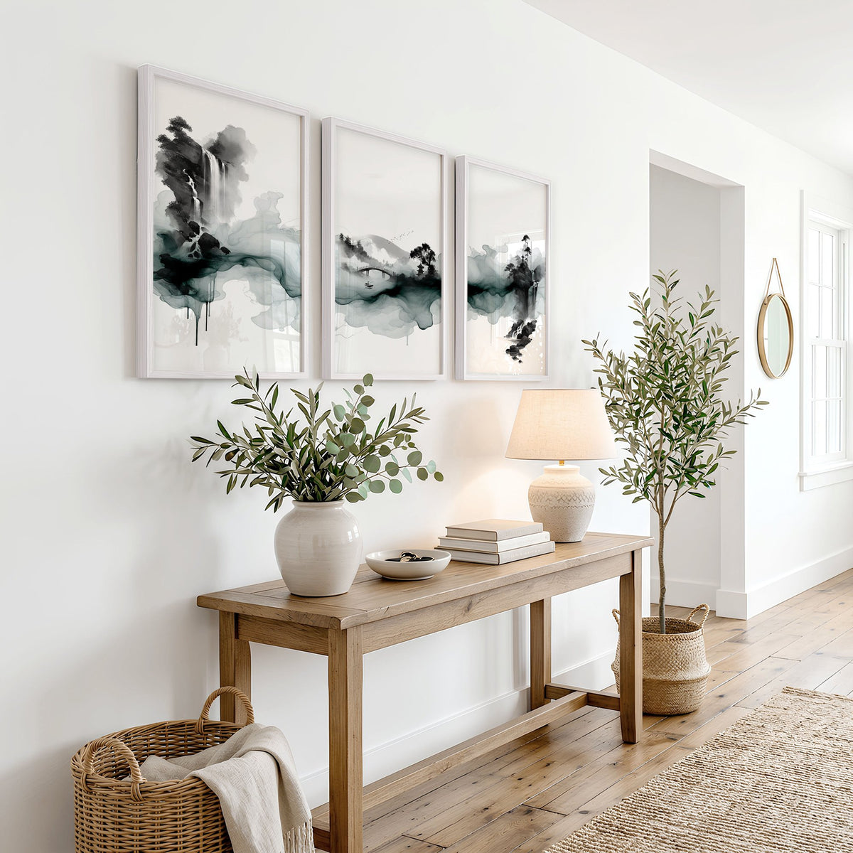 Japanese Wall Hangings Ink Wash Landscape with Waterfall, Bridge & Pagoda displayed on a wall in a styled room — view 6