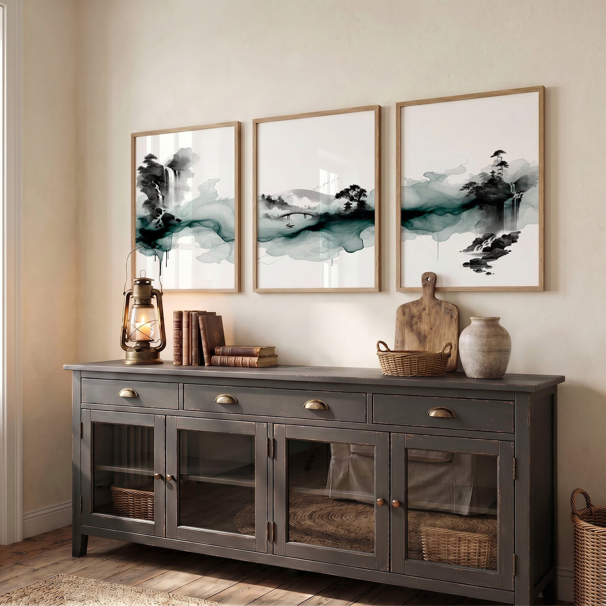Japanese Wall Hangings Ink Wash Landscape with Waterfall, Bridge & Pagoda displayed on a wall in a styled room — view 7