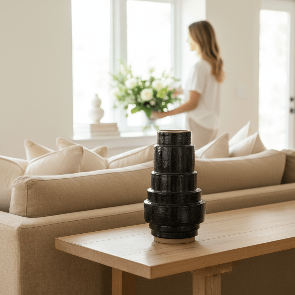 Kaga Black Earthenware Vase