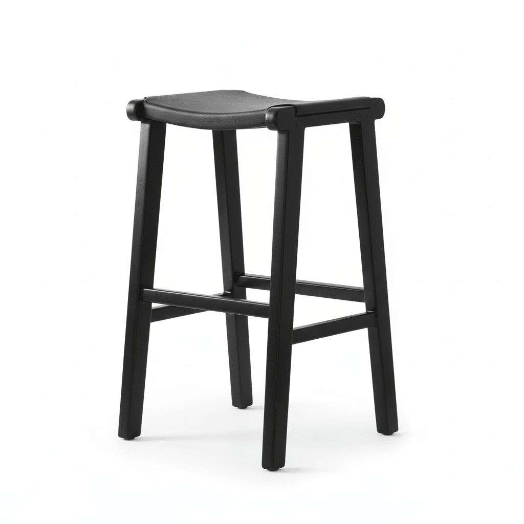 Kendari Black Leather and Teak Barstool