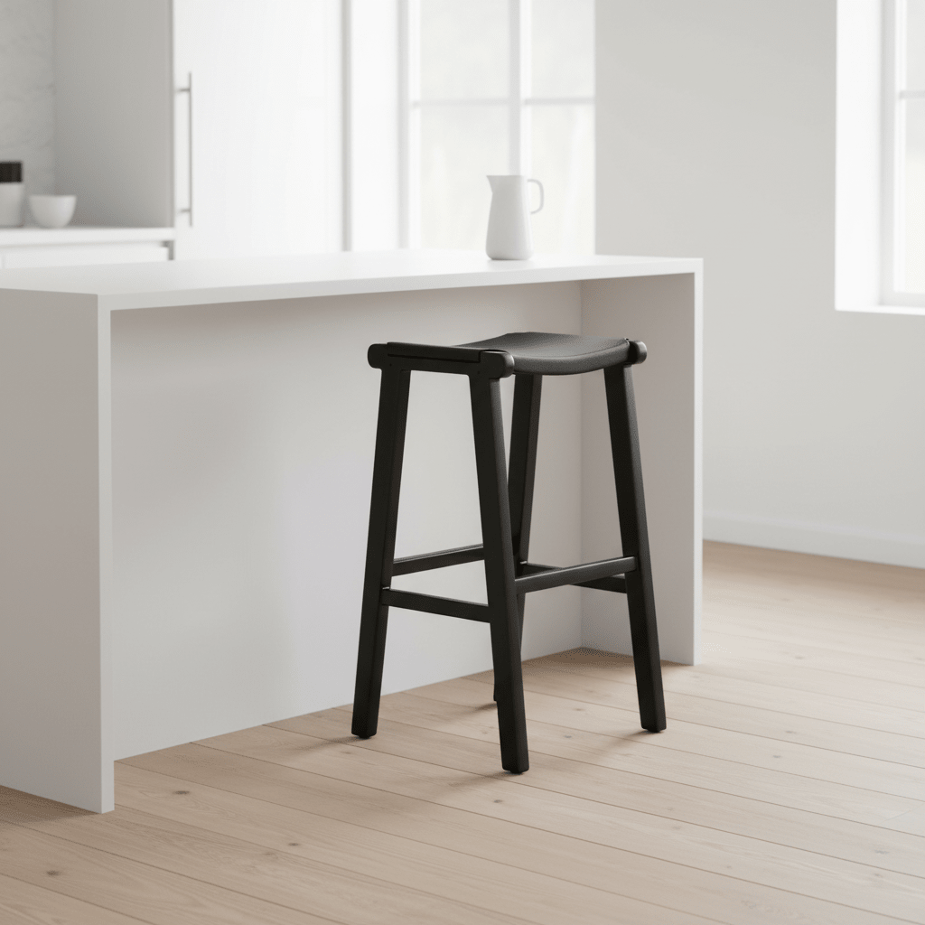 Kendari Black Leather and Teak Barstool