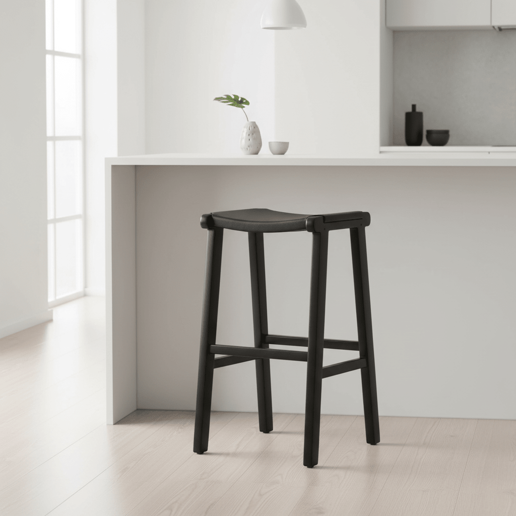 Kendari Black Leather and Teak Barstool