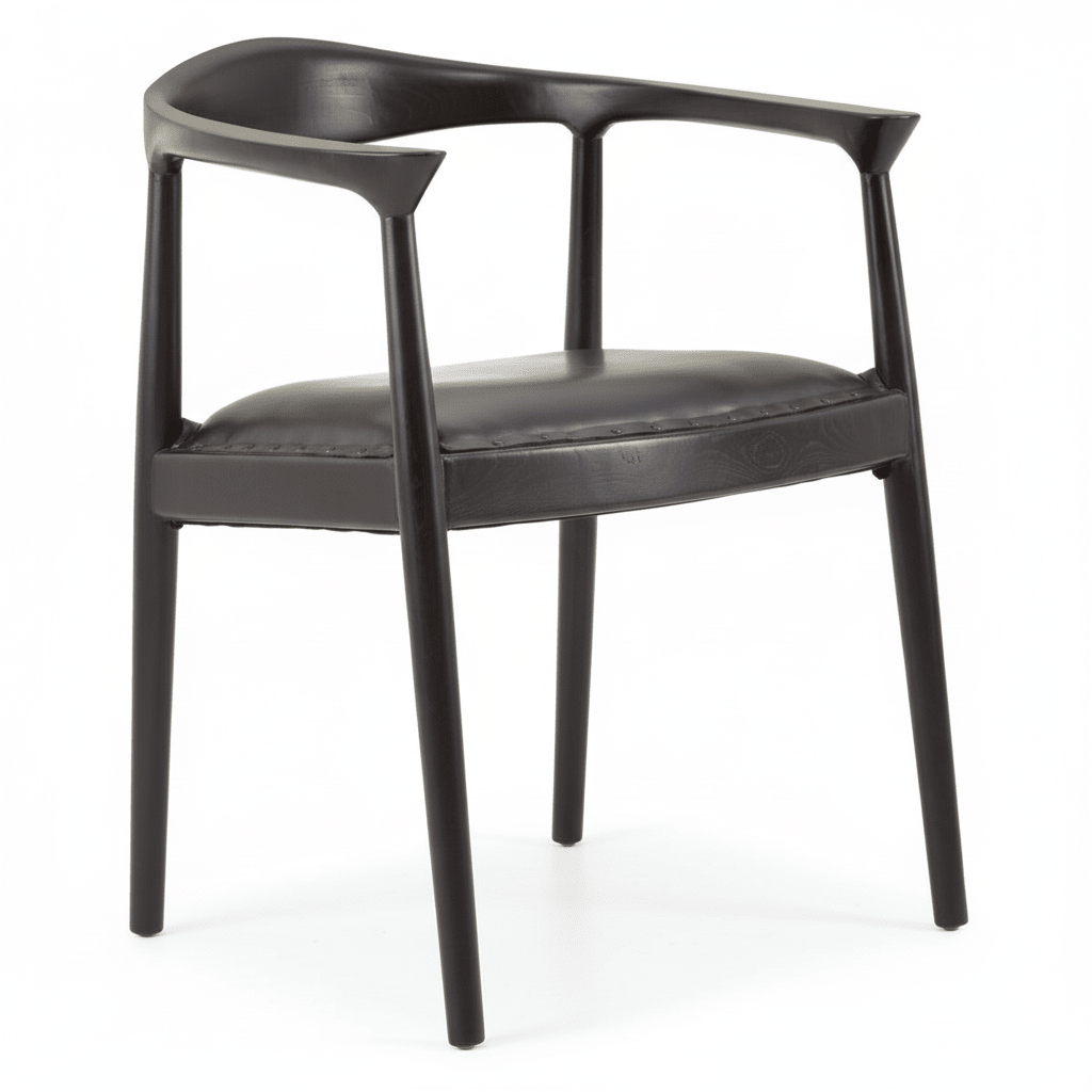 Kendari Black Leather and Teak Wood Chair