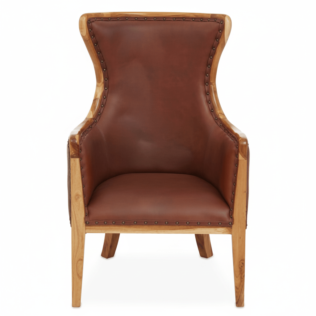 Kendari Brown Cow Leather and Teak Wood Frame Chair