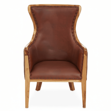 Kendari Brown Cow Leather and Teak Wood Frame Chair