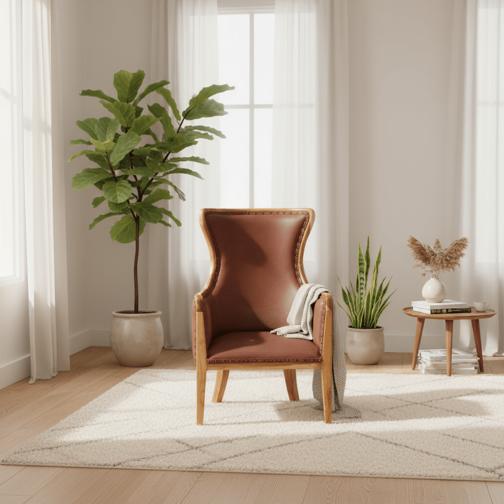 Kendari Brown Cow Leather and Teak Wood Frame Chair