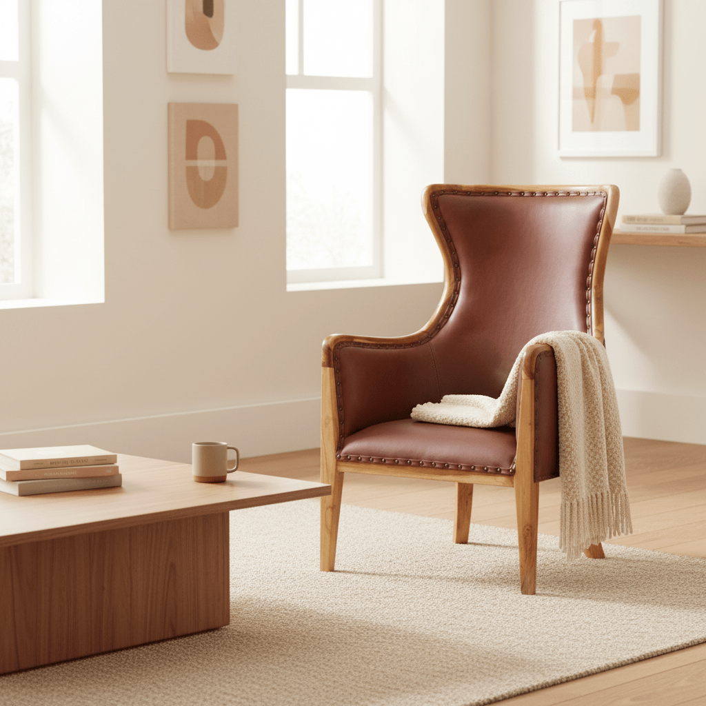 Kendari Brown Cow Leather and Teak Wood Frame Chair