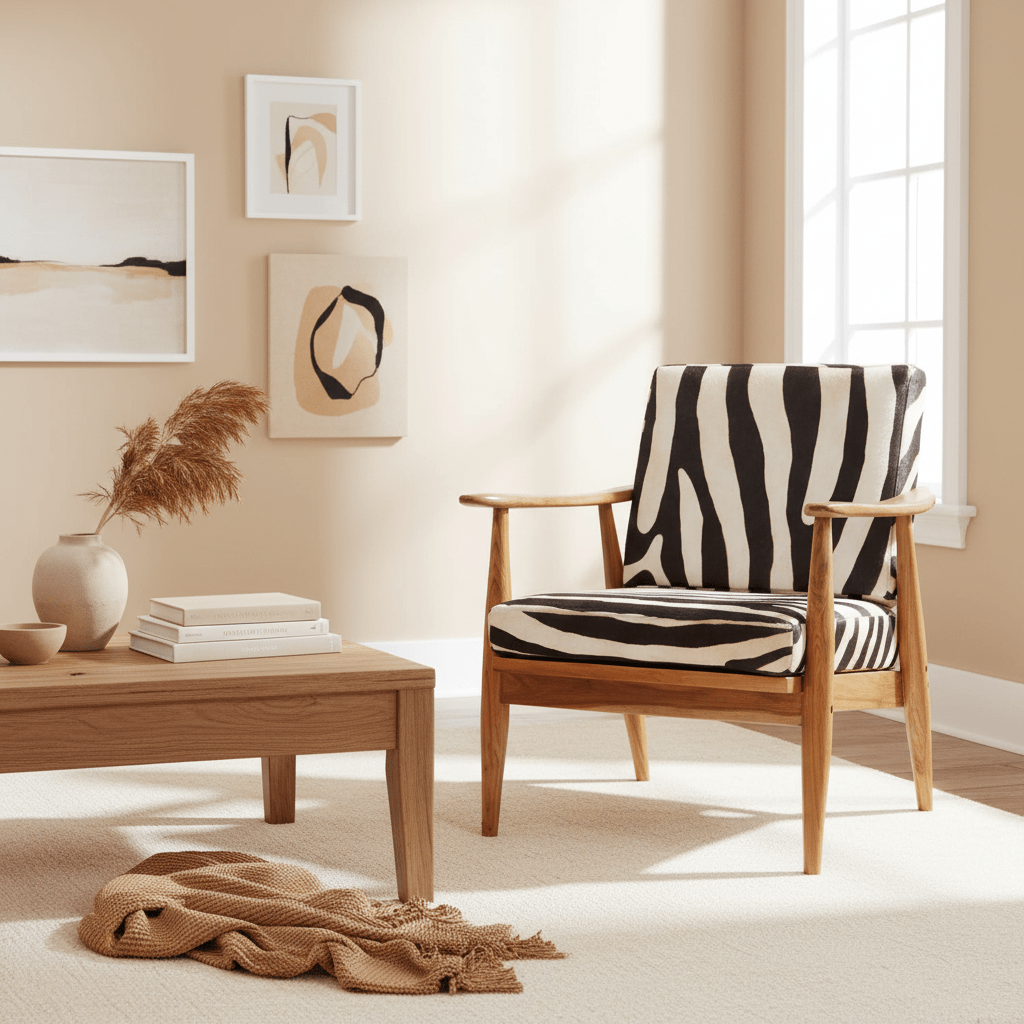 Kendari Leather Zebra Pattern And Teak Chair