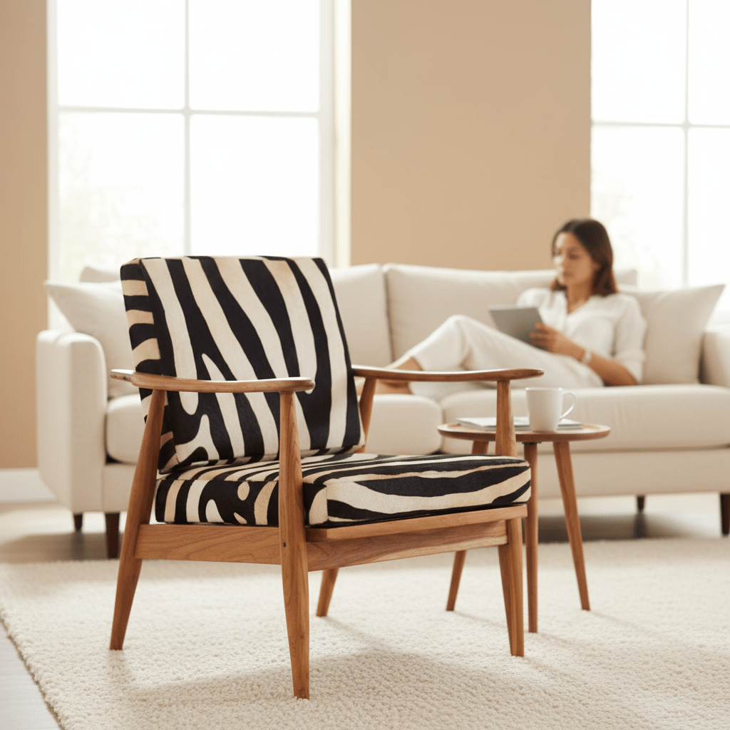 Kendari Leather Zebra Pattern And Teak Chair