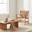 Kendari Light Brown Leather And Teak Wood Chair