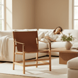 Kendari Light Brown Leather And Teak Wood Chair