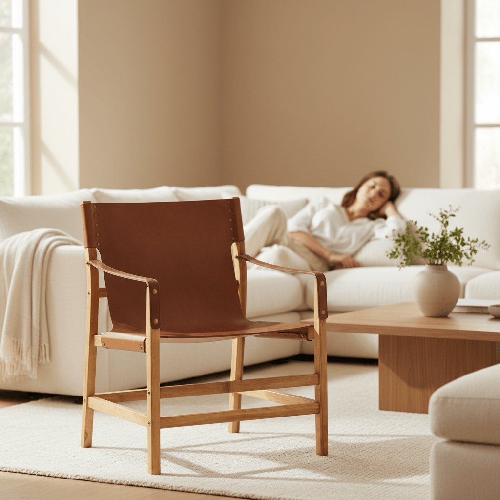 Kendari Light Brown Leather And Teak Wood Chair