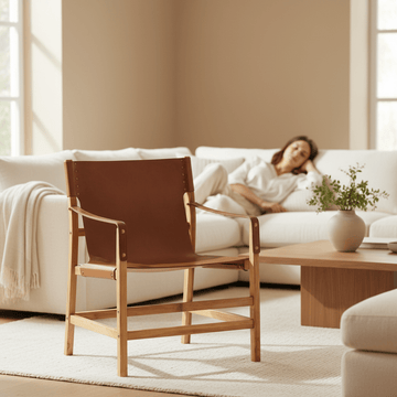 Kendari Light Brown Leather And Teak Wood Chair