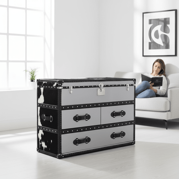 Kensington Townhouse Black And White Genuine Cowhide 3 Drawer Cabinet