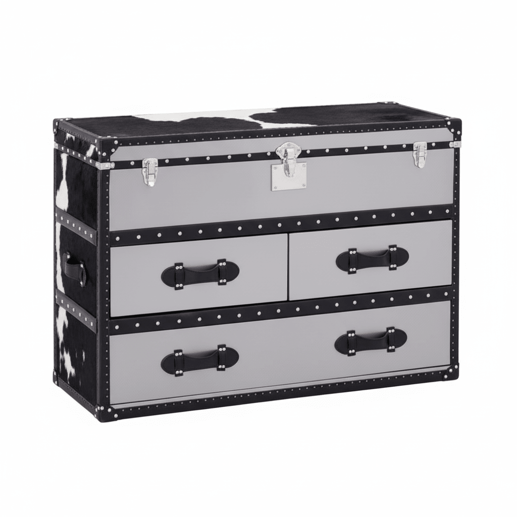 Kensington Townhouse Black And White Genuine Cowhide 3 Drawer Cabinet