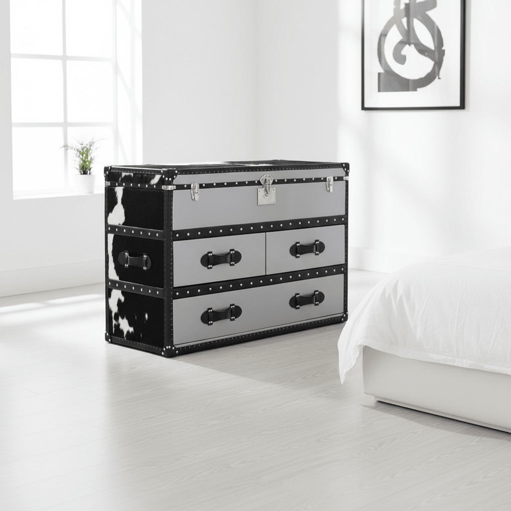 Kensington Townhouse Black And White Genuine Cowhide 3 Drawer Cabinet