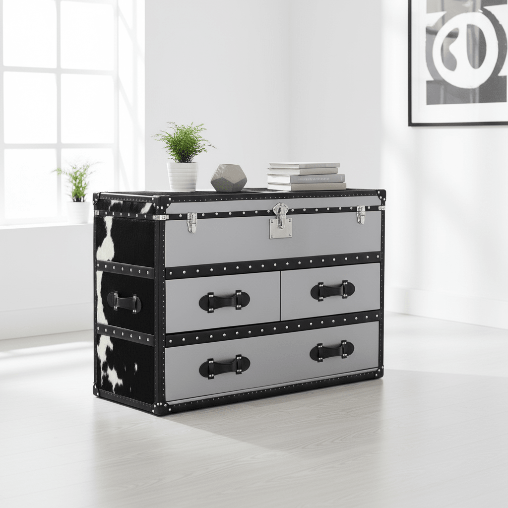Kensington Townhouse Black And White Genuine Cowhide 3 Drawer Cabinet