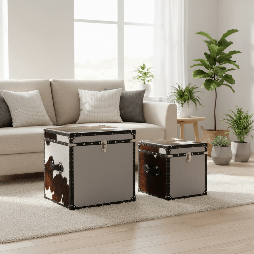 Kensington Townhouse Black And White Genuine Cowhide Storage Trunk Set