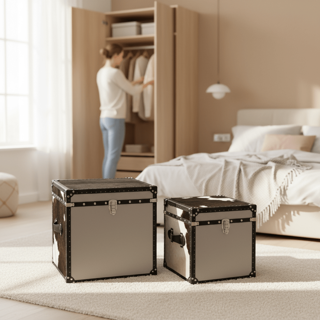 Kensington Townhouse Black And White Genuine Cowhide Storage Trunk Set