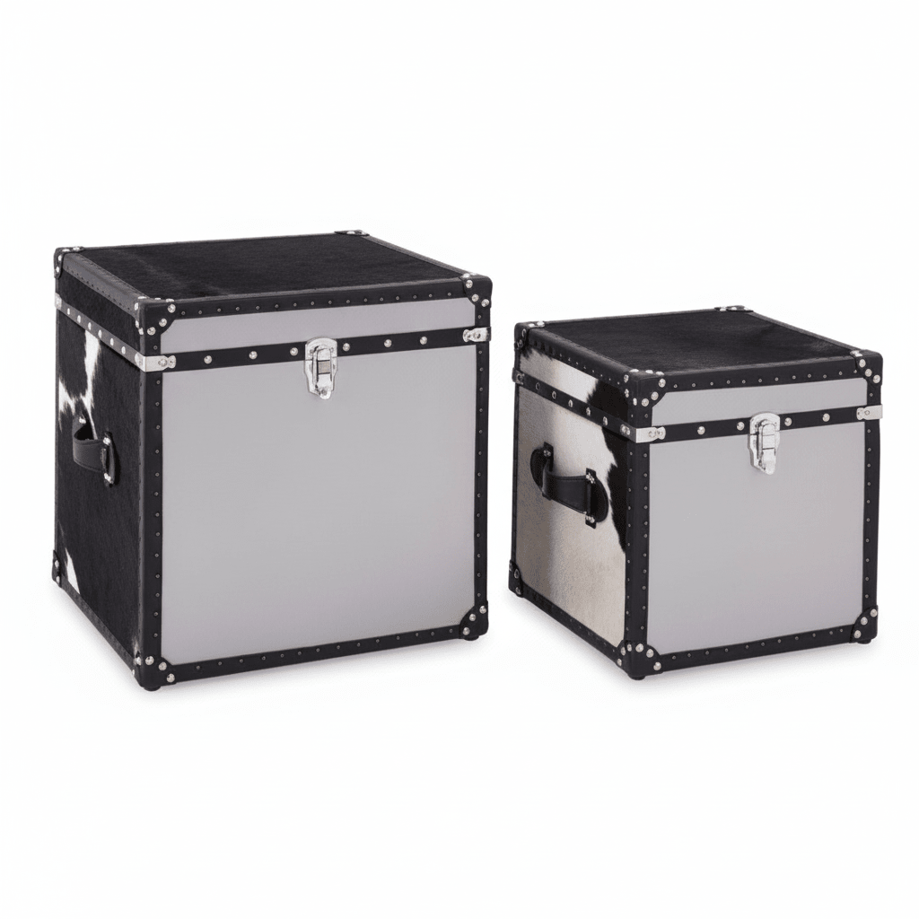Kensington Townhouse Black And White Genuine Cowhide Storage Trunk Set