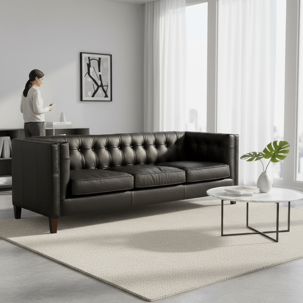 King Three Seater Antique Ebony Leather Sofa