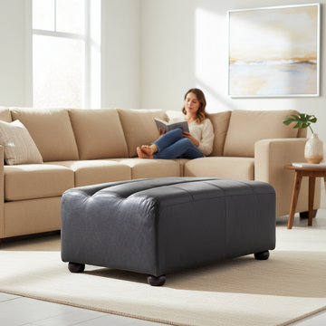 King Distressed Slate Leather Ottoman