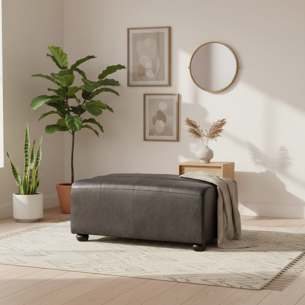 King Distressed Slate Leather Ottoman