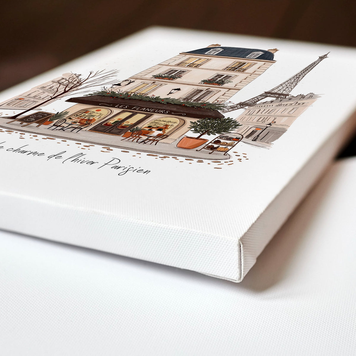 Paris Café Street Scene Kitchen Art wall art | "Le Charme de l'Hiver Parisien" displayed on a wall in a styled room