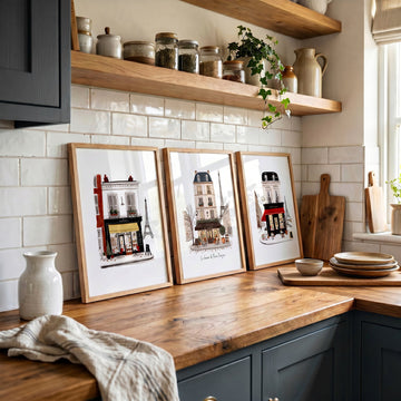 Paris Café Street Scene Kitchen Art wall art | "Le Charme de l'Hiver Parisien" displayed on a wall in a styled room — view 4