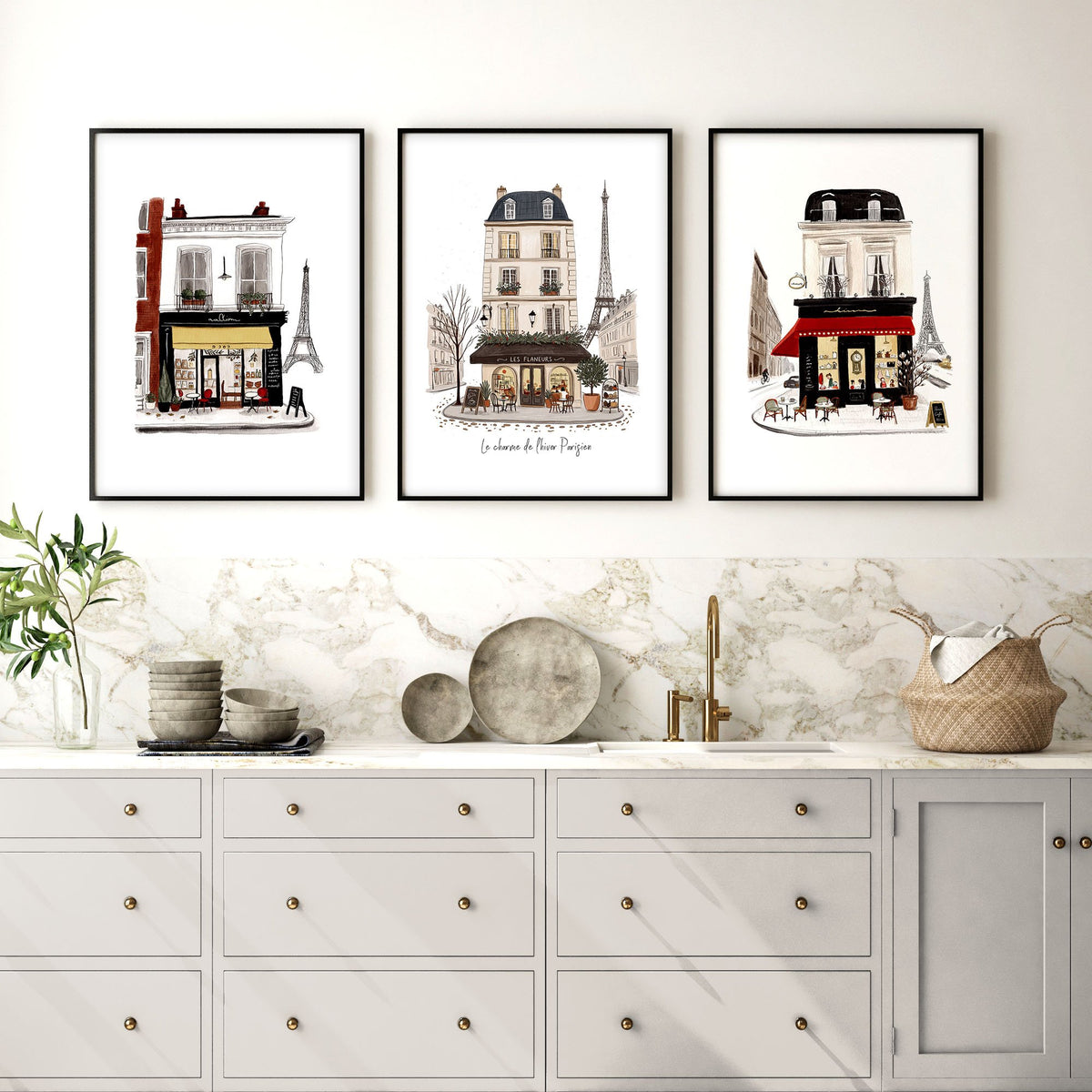 Paris Café Street Scene Kitchen Art wall art | "Le Charme de l'Hiver Parisien" displayed on a wall in a styled room — view 6