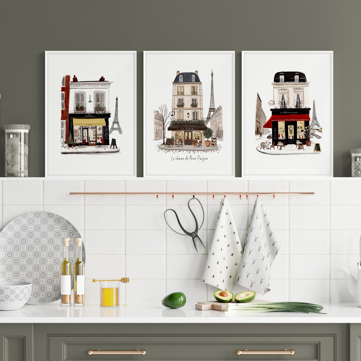Paris Café Street Scene Kitchen Art wall art | "Le Charme de l'Hiver Parisien" displayed on a wall in a styled room — view 7