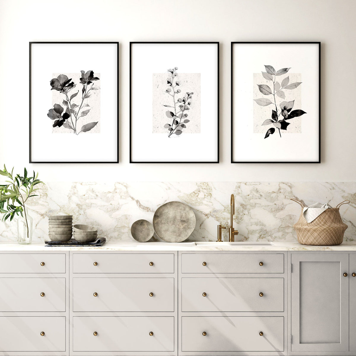Kitchen Art Wall Decor French Country Botanical Ivory Grey Floral wall art displayed on a wall in a styled room — view 3