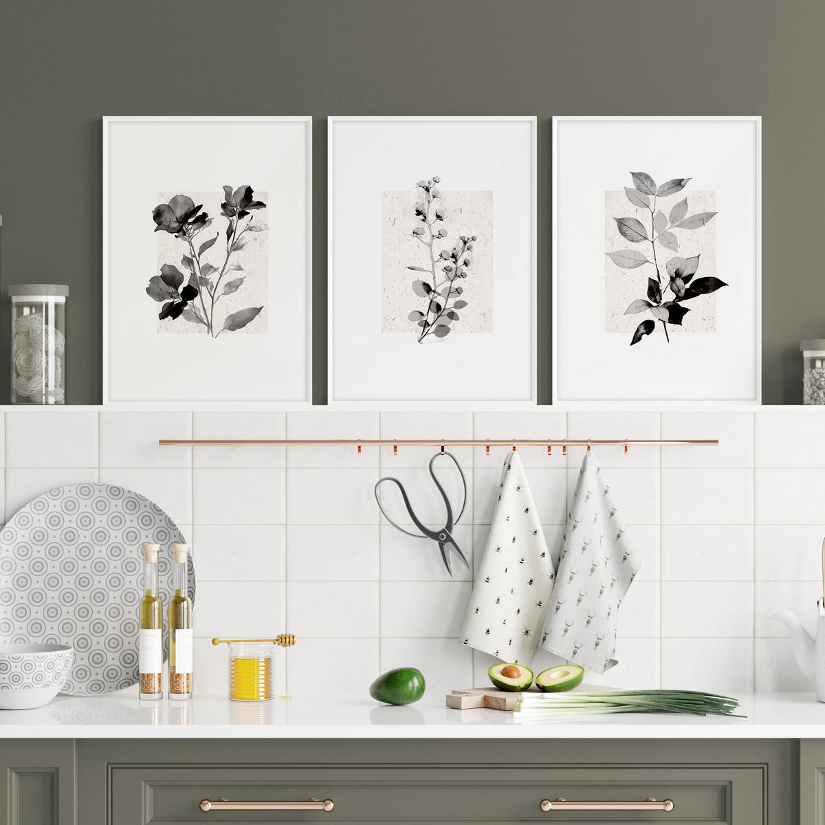 Kitchen Art Wall Decor French Country Botanical Ivory Grey Floral wall art displayed on a wall in a styled room — view 4