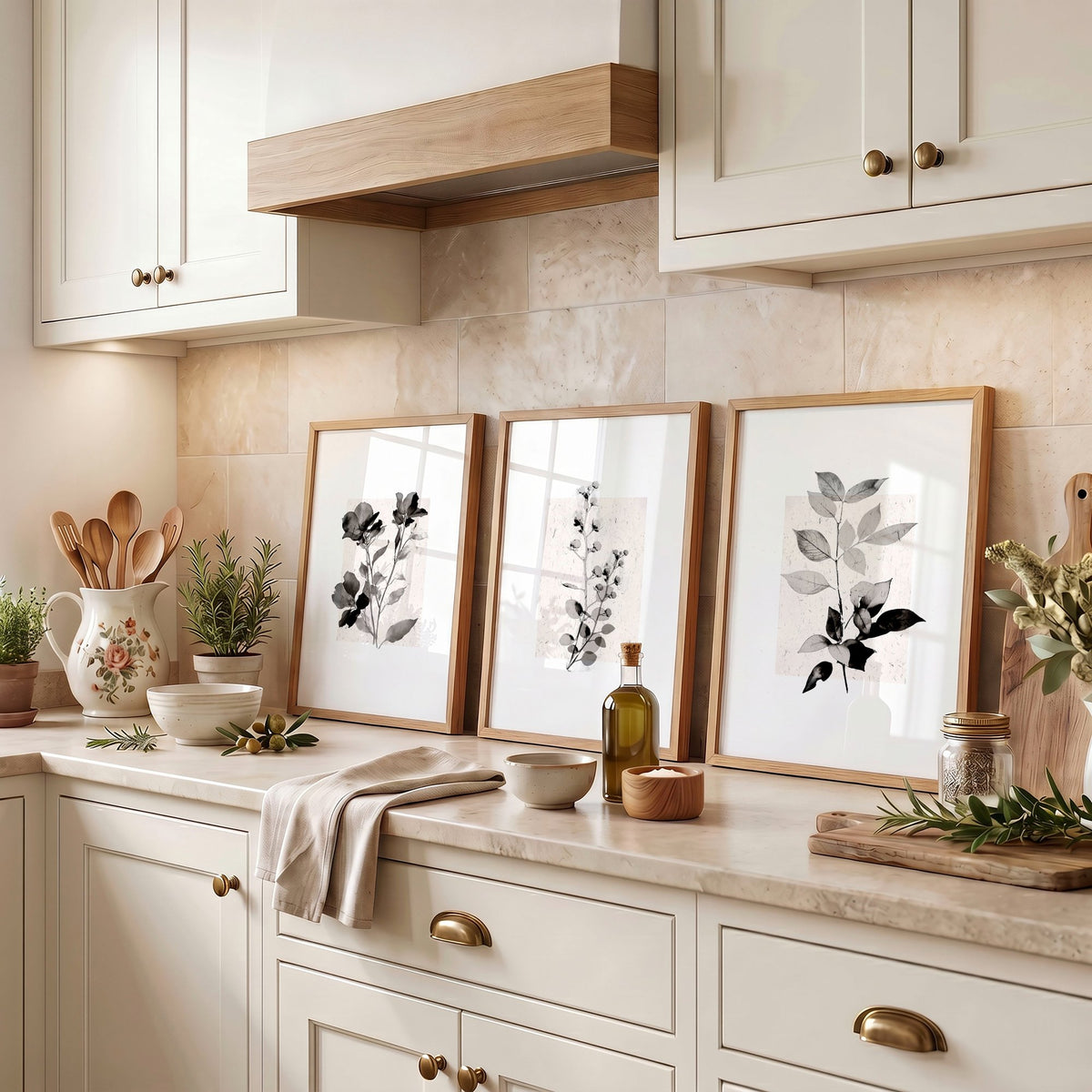 Kitchen Art Wall Decor French Country Botanical Ivory Grey Floral wall art displayed on a wall in a styled room — view 7