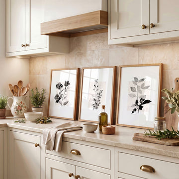 Kitchen Art Wall Decor French Country Botanical Ivory Grey Floral wall art displayed on a wall in a styled room — view 7