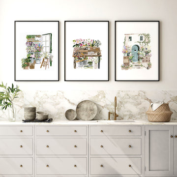 Kitchen Artwork Cottage Flower Shop Illustrations displayed on a wall in a styled room — view 6