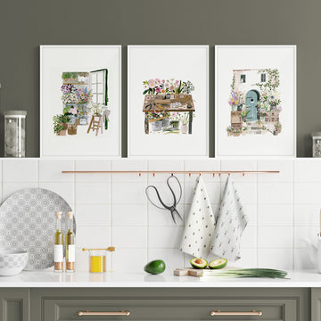 Kitchen Artwork Cottage Flower Shop Illustrations displayed on a wall in a styled room — view 7