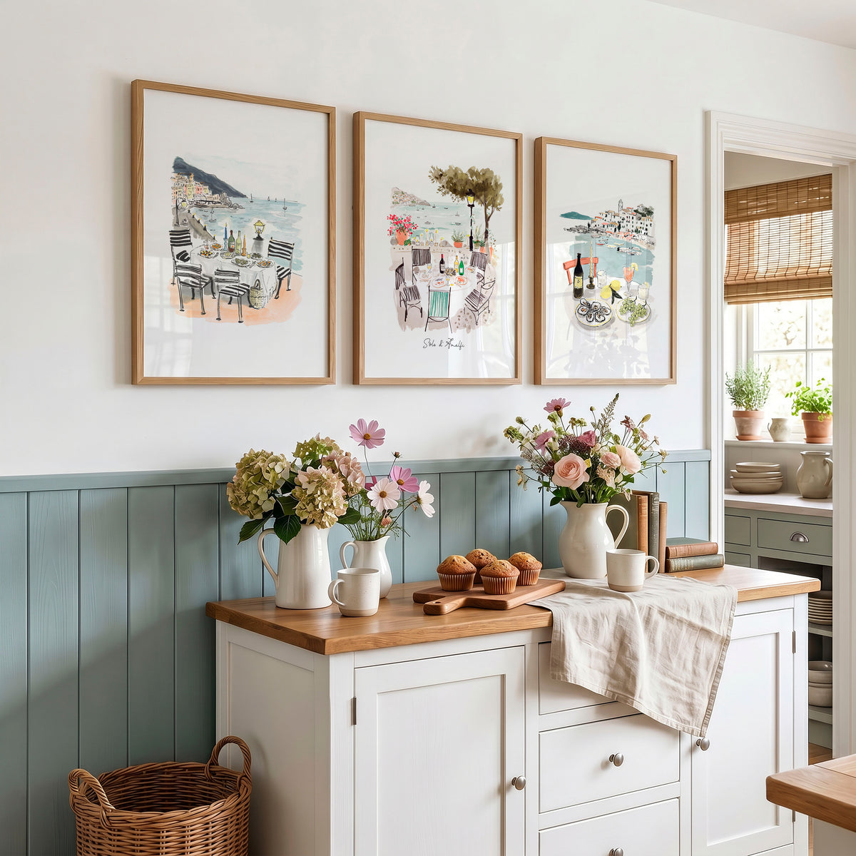 Kitchen Paintings for Wall "Sole di Amalfi" Mediterranean Coastal Watercolour displayed on a wall in a styled room — view 2