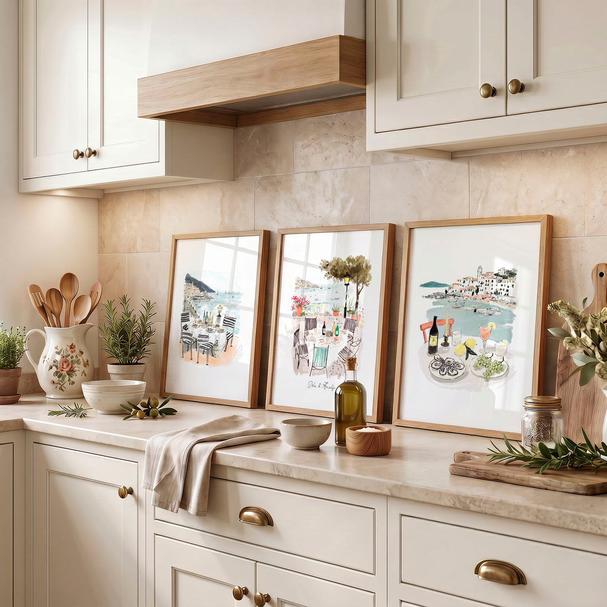 Kitchen Paintings for Wall "Sole di Amalfi" Mediterranean Coastal Watercolour displayed on a wall in a styled room — view 4
