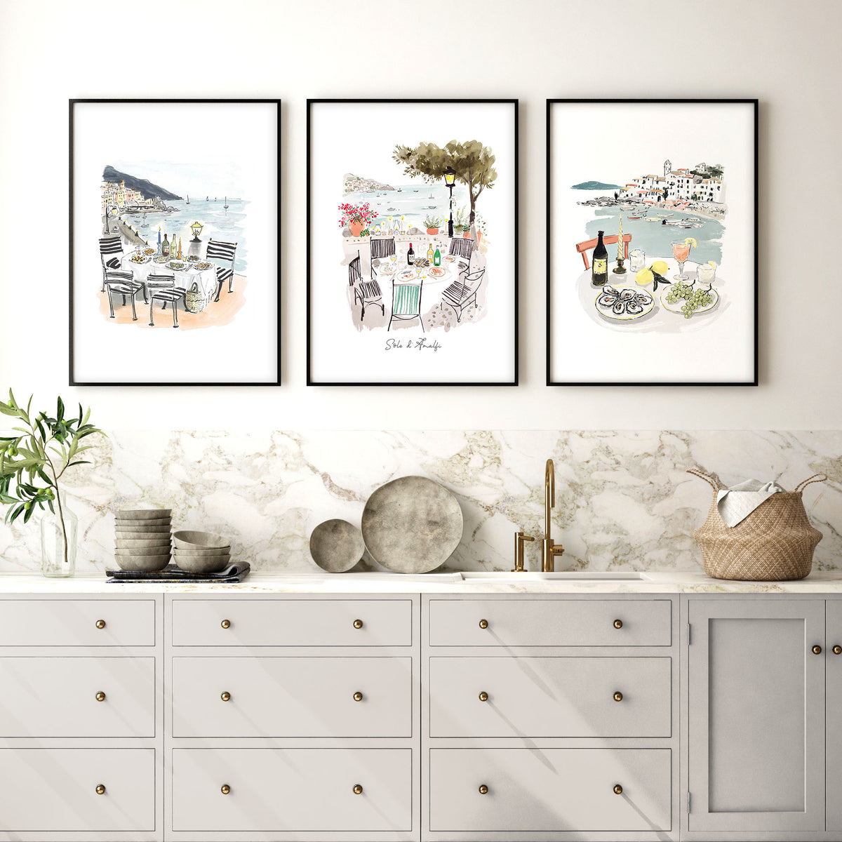 Kitchen Paintings for Wall "Sole di Amalfi" Mediterranean Coastal Watercolour displayed on a wall in a styled room — view 5