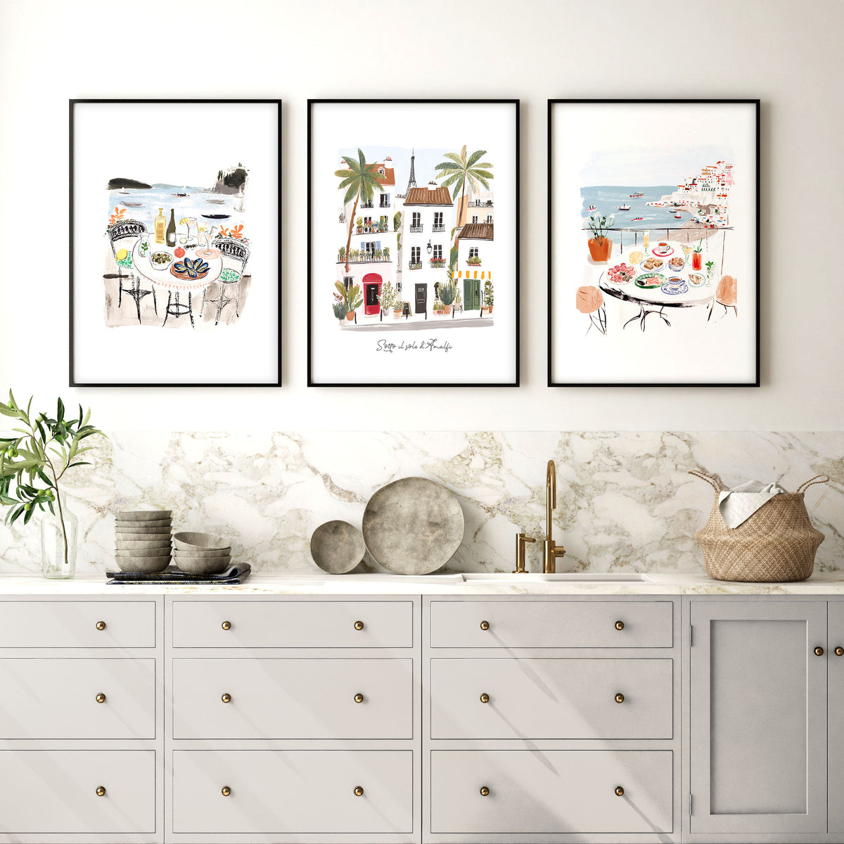 Kitchen Paintings for Wall "Sotto il Sole di Amalfi" Mediterranean Coastal Watercolour Art wall art displayed on a wall in a styled room — view 6