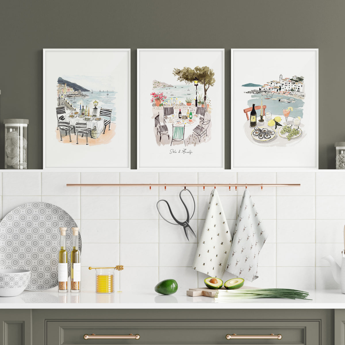 Kitchen Paintings for Wall "Sole di Amalfi" Mediterranean Coastal Watercolour displayed on a wall in a styled room — view 6