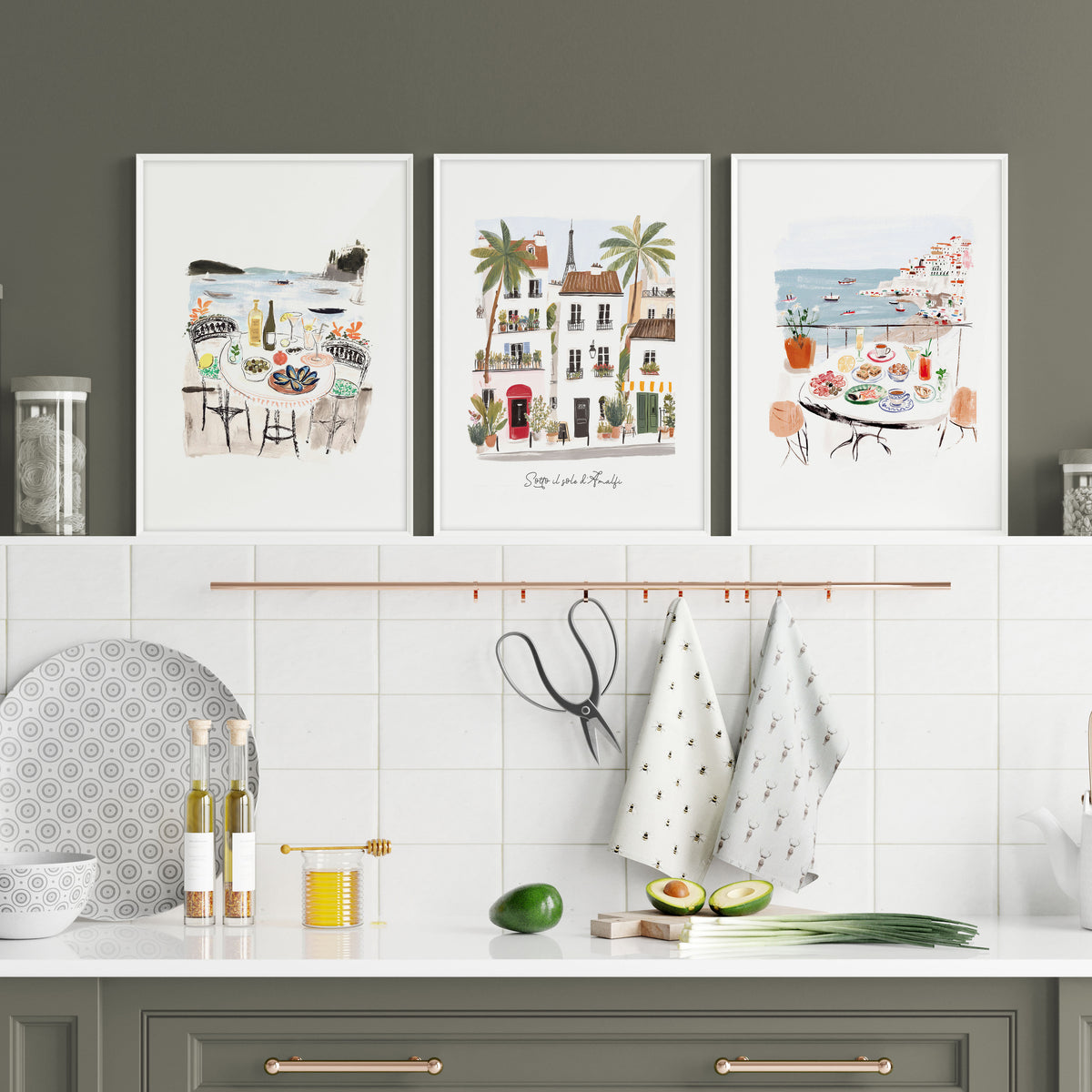Kitchen Paintings for Wall "Sotto il Sole di Amalfi" Mediterranean Coastal Watercolour Art wall art displayed on a wall in a styled room — view 7